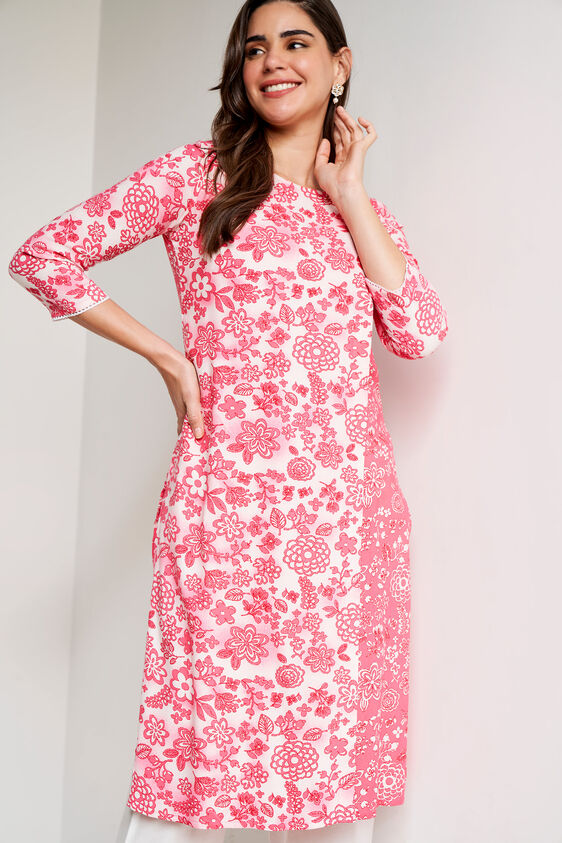 Pink Floral Straight Kurta, Pink, image 2